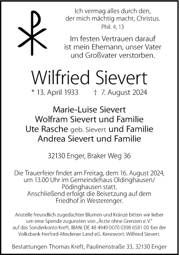 Traueranzeige von Wilfried Sievert von Westfalen Blatt