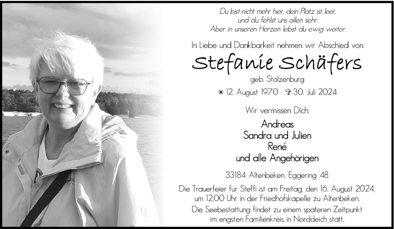  Traueranzeige für Stefanie Schäfers vom 10.08.2024 aus Westfalen Blatt