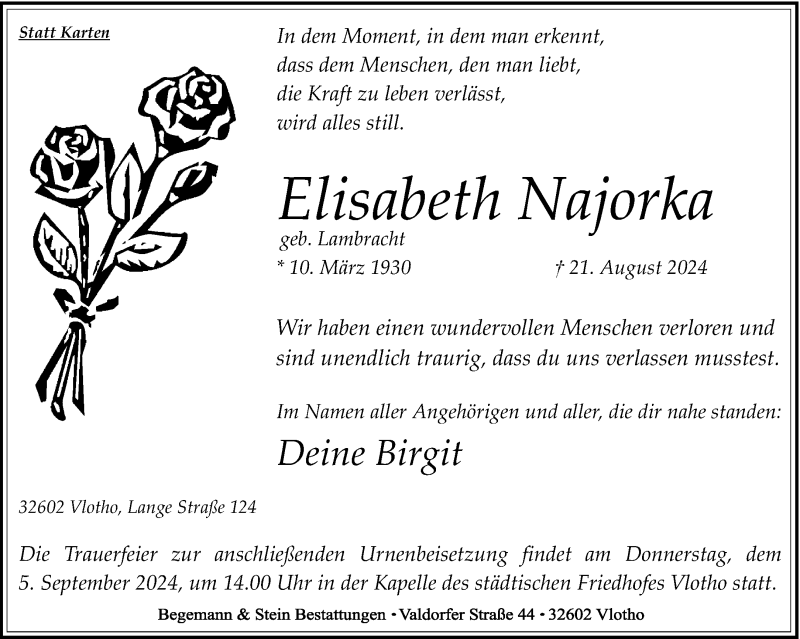  Traueranzeige für Elisabeth Najorka vom 31.08.2024 aus Westfalen Blatt