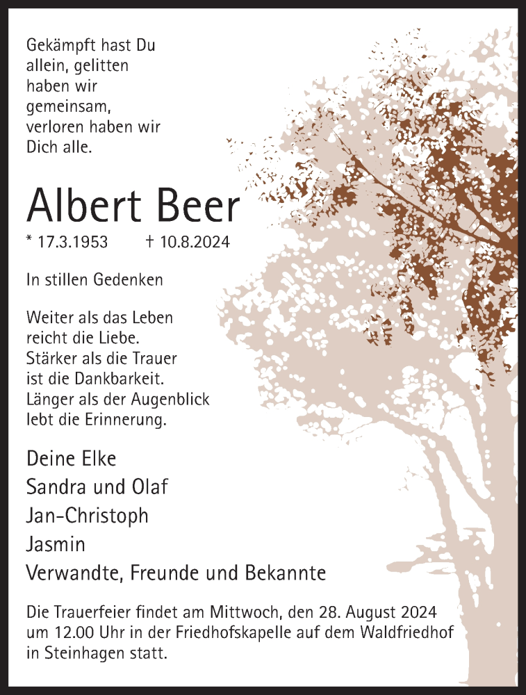  Traueranzeige für Albert Beer vom 24.08.2024 aus Westfalen Blatt