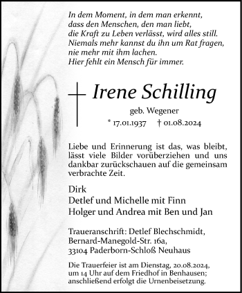 Traueranzeige von Irene Schilling von Westfalen Blatt