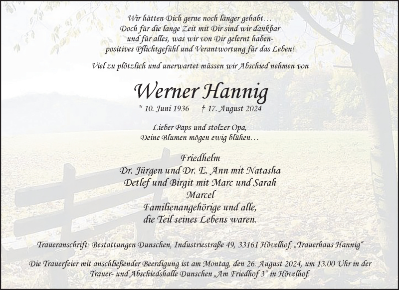  Traueranzeige für Werner Hannig vom 24.08.2024 aus Westfalen Blatt