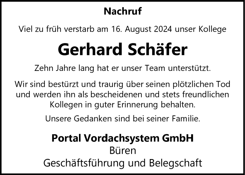  Traueranzeige für Gerhard Schäfer vom 24.08.2024 aus Westfalen Blatt