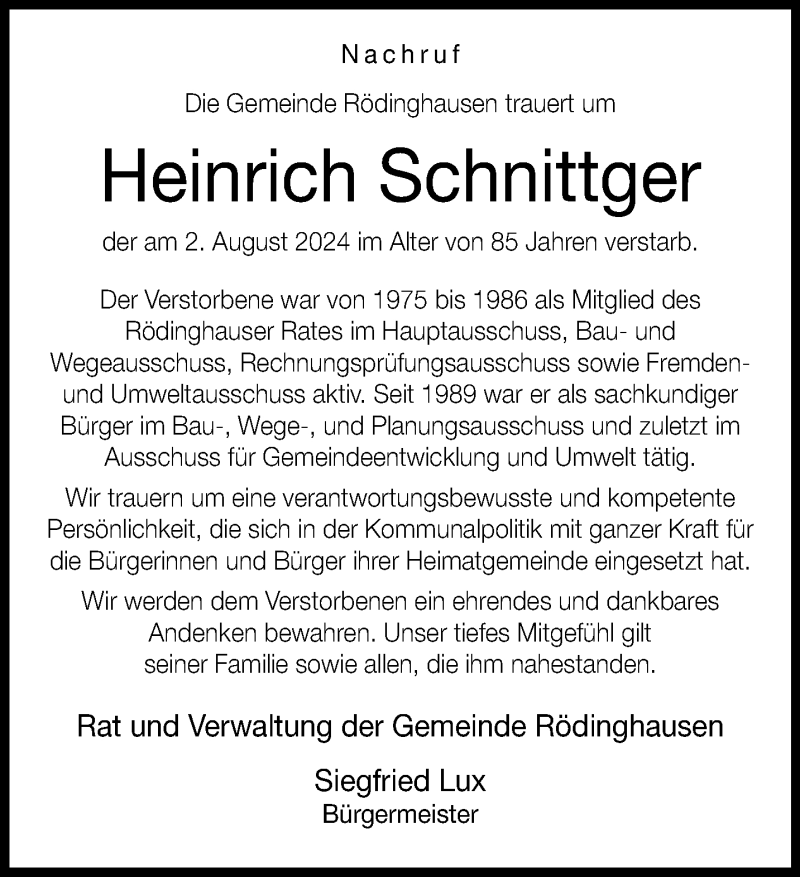  Traueranzeige für Heinrich Schnittger vom 14.08.2024 aus Westfalen Blatt
