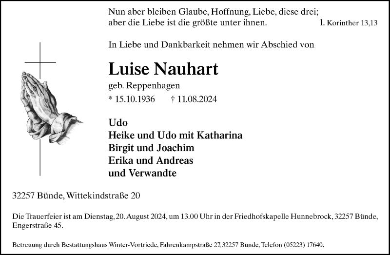  Traueranzeige für Luise Nauhart vom 14.08.2024 aus Westfalen Blatt