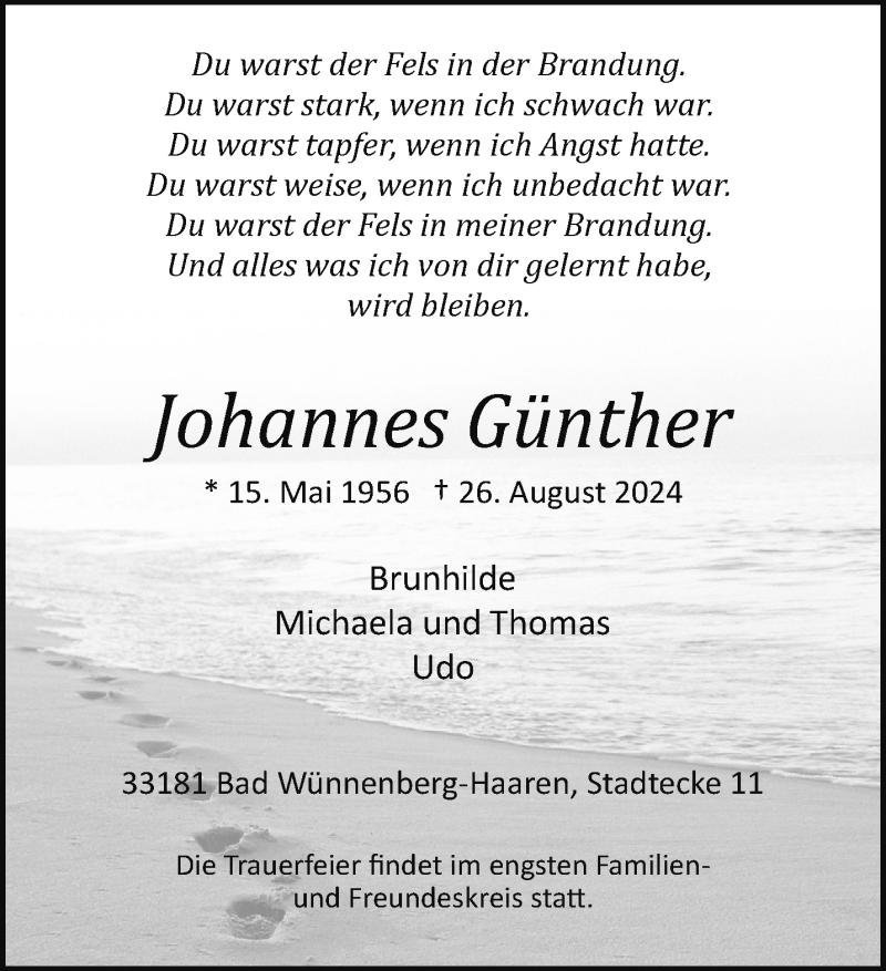  Traueranzeige für Johannes Günther vom 31.08.2024 aus Westfalen Blatt