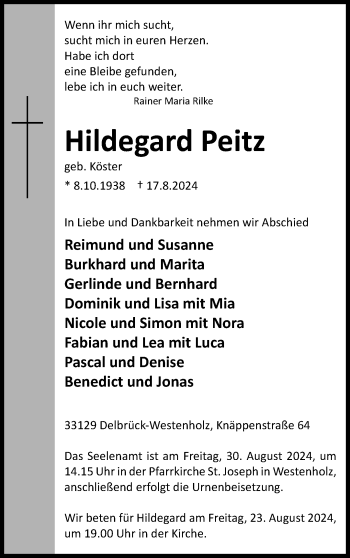 Traueranzeige von Hildegard Peitz von Westfalen Blatt