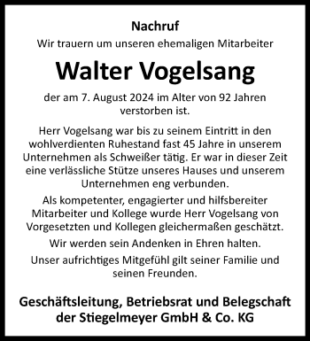 Traueranzeige von Walter Vogelsang von Westfalen Blatt