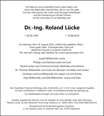 Traueranzeige von Dr.-Ing. Roland Lücke von Westfalen Blatt