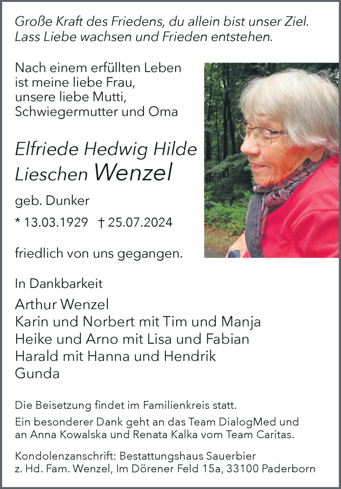  Traueranzeige für Elfriede Hedwig Hilde Lieschen Wenzel vom 03.08.2024 aus Westfalen Blatt