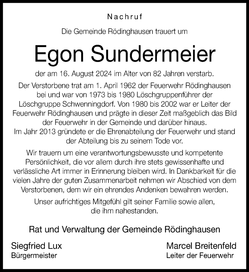  Traueranzeige für Egon Sundermeier vom 26.08.2024 aus Westfalen Blatt