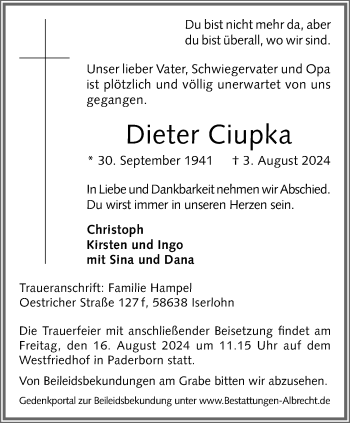 Traueranzeige von Dieter Ciupka von Westfalen Blatt