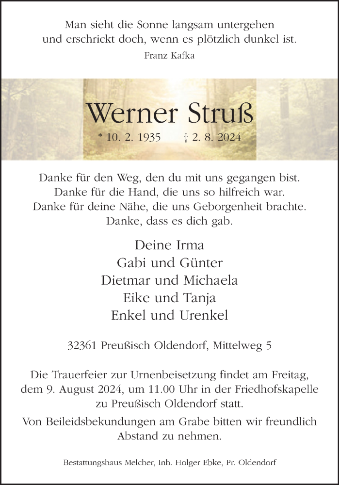  Traueranzeige für Werner Struß vom 07.08.2024 aus Westfalen Blatt
