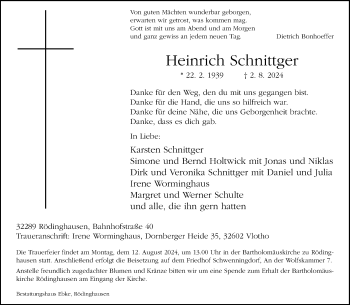 Traueranzeige von Heinrich Schnittger von Westfalen Blatt