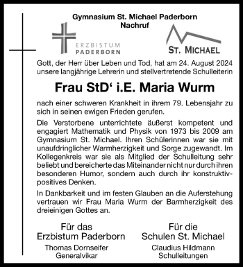 Traueranzeige von Maria Wurm von Westfalen Blatt