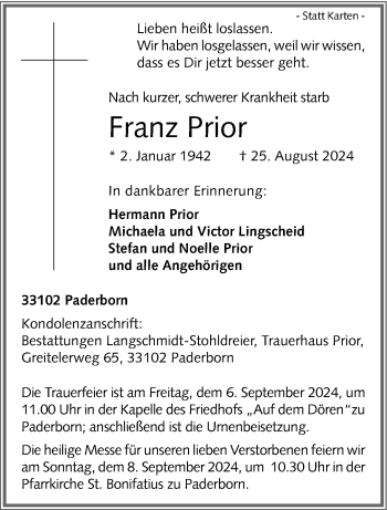 Traueranzeige von Franz Prior von Westfalen Blatt