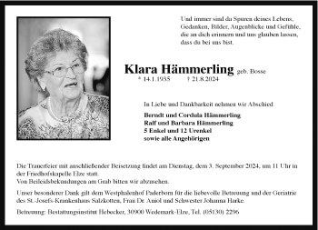 Traueranzeige von Klara Hämmerling von Westfalen Blatt