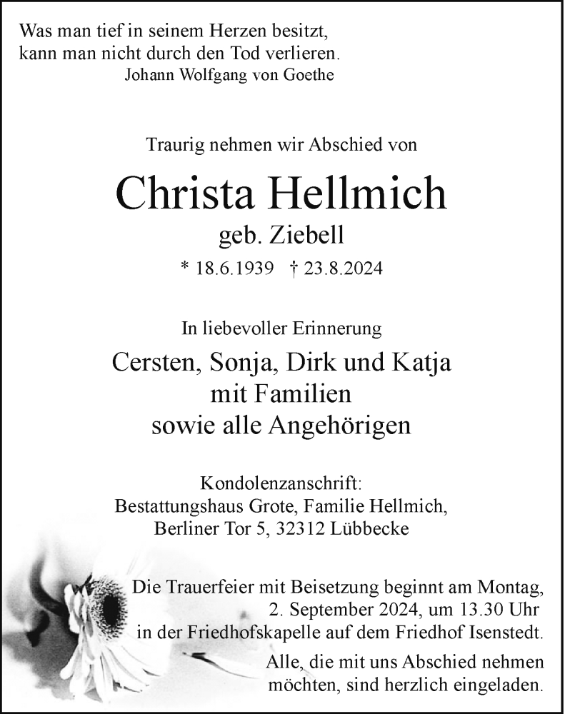  Traueranzeige für Christa Hellmich vom 28.08.2024 aus Westfalen Blatt