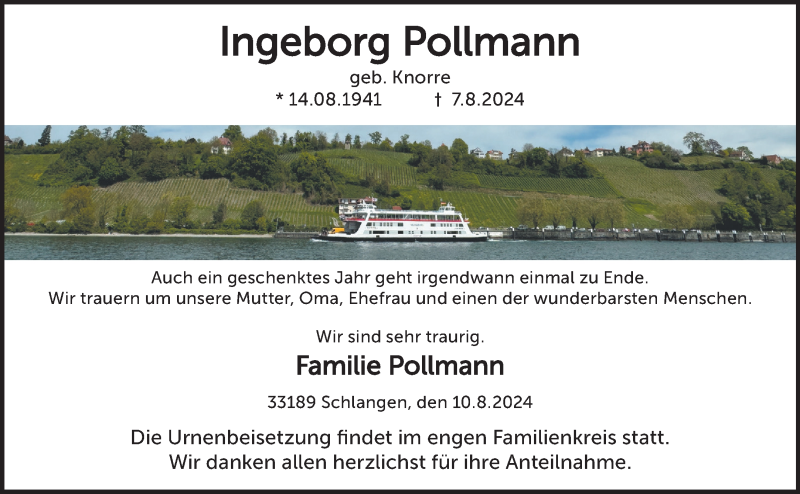  Traueranzeige für Ingeborg Pollmann vom 10.08.2024 aus Westfalen Blatt