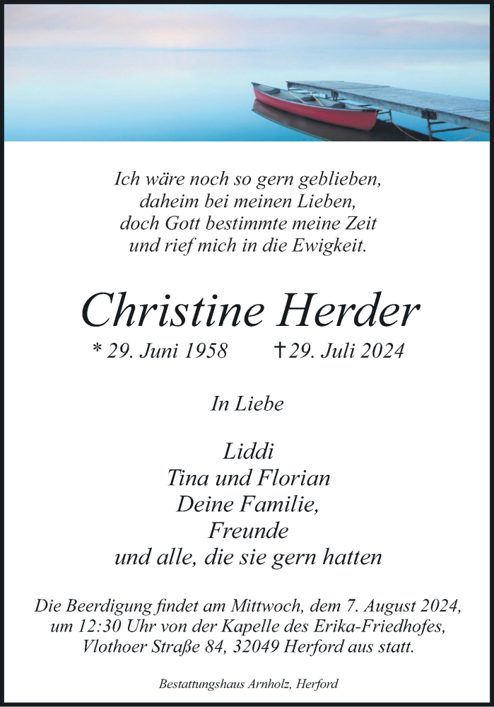  Traueranzeige für Christine Herder vom 03.08.2024 aus Westfalen Blatt