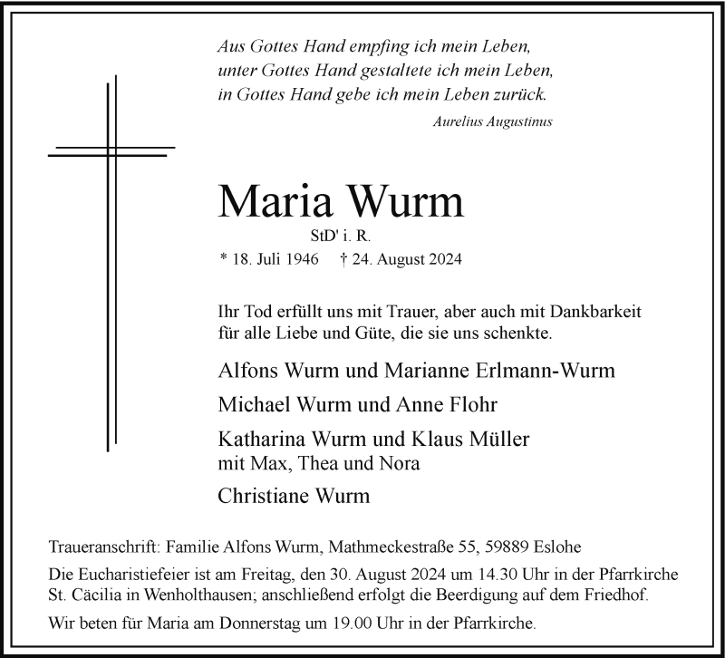  Traueranzeige für Maria Wurm vom 27.08.2024 aus Westfalen Blatt