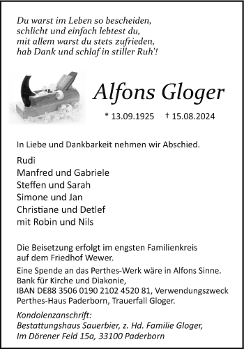Traueranzeige von Alfons Gloger von Westfalen Blatt