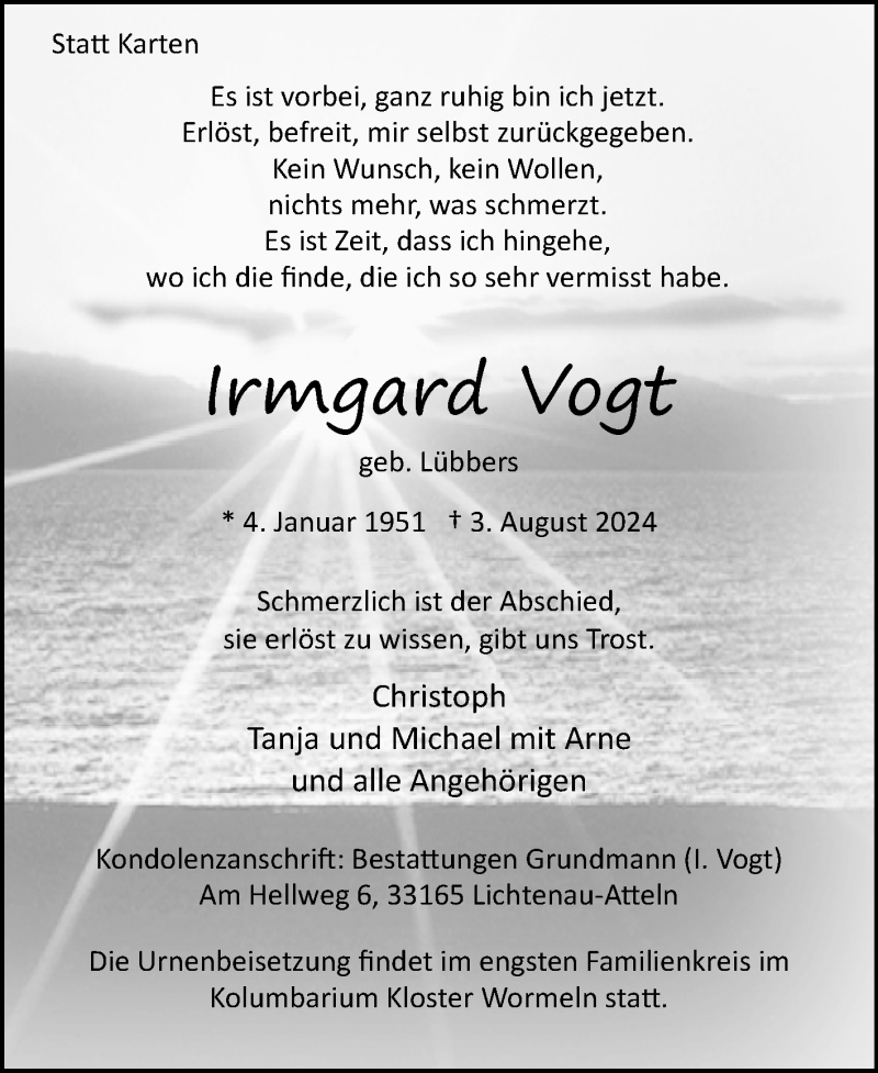  Traueranzeige für Irmgard Vogt vom 10.08.2024 aus Westfalen Blatt