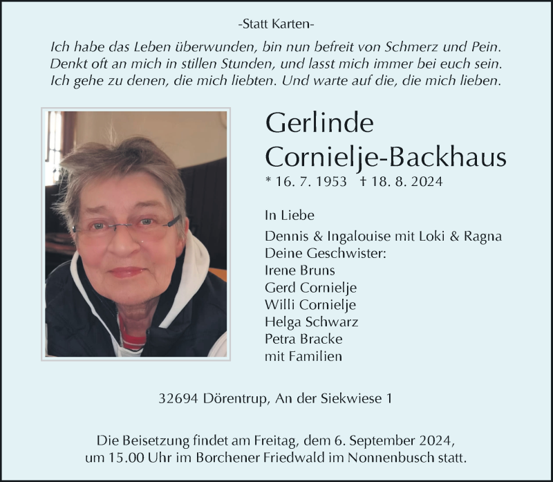  Traueranzeige für Gerlinde Cornielje-Backhaus vom 24.08.2024 aus Westfalen Blatt