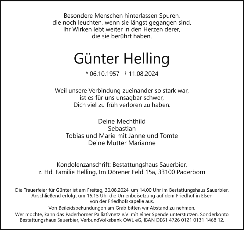  Traueranzeige für Günter Helling vom 17.08.2024 aus Westfalen Blatt