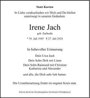Traueranzeige von Irene Jach von Westfalen Blatt