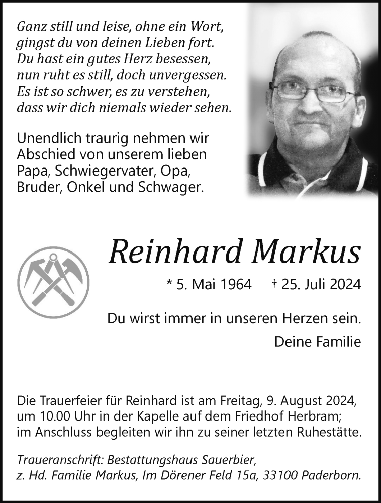  Traueranzeige für Reinhard Markus vom 03.08.2024 aus Westfalen Blatt