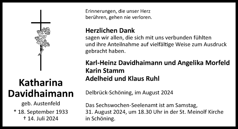  Traueranzeige für Katharina Davidhaimann vom 24.08.2024 aus Westfalen Blatt