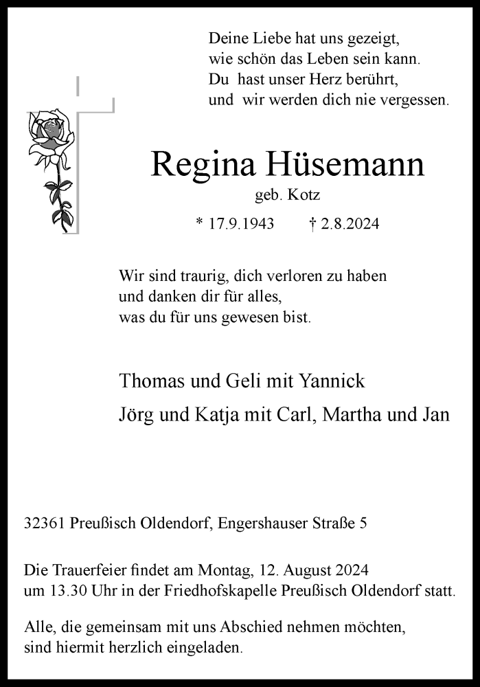  Traueranzeige für Regina Hüsemann vom 10.08.2024 aus Westfalen Blatt