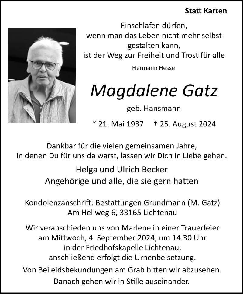  Traueranzeige für Magdalene Gatz vom 31.08.2024 aus Westfalen Blatt