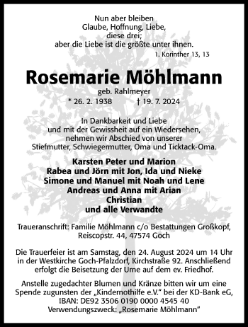 Traueranzeige von Rosemarie Möhlmann von Westfalen Blatt