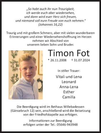 Traueranzeige von Timon Fot von Westfalen Blatt