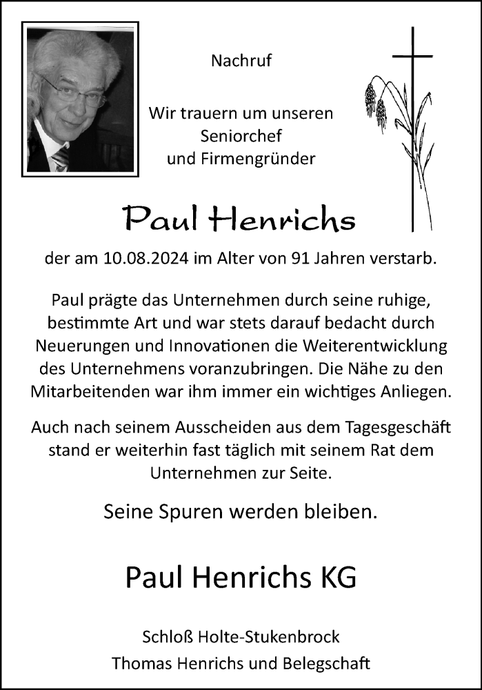  Traueranzeige für Paul Henrichs vom 14.08.2024 aus Westfalen Blatt