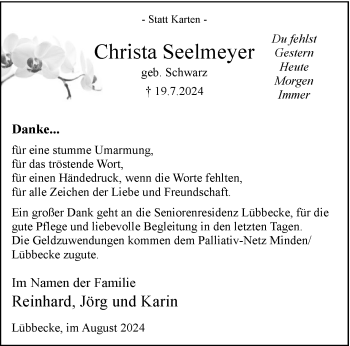 Traueranzeige von Christa Seelmeyer Gestern von Westfalen Blatt