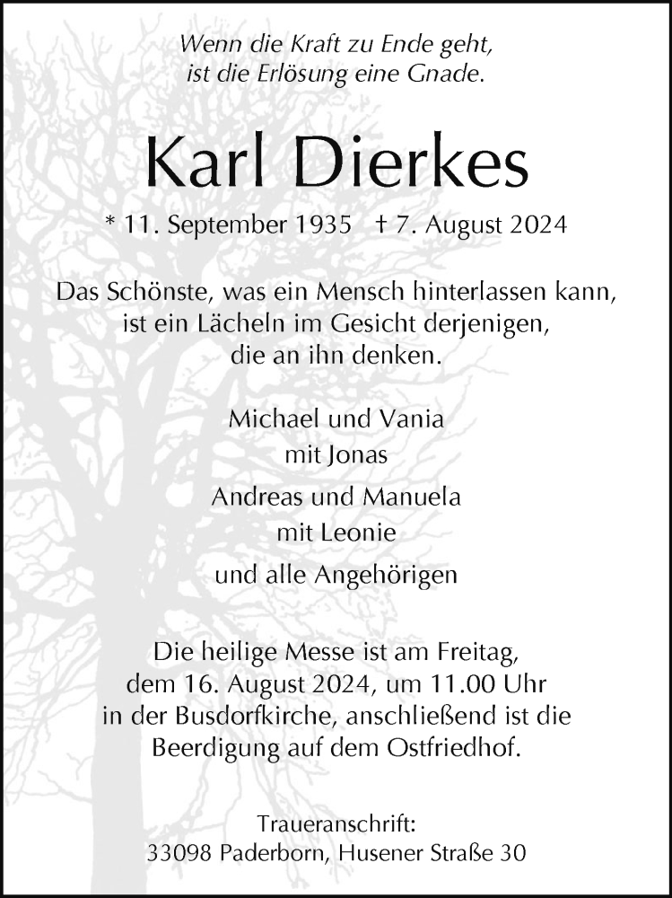  Traueranzeige für Karl Dierkes vom 10.08.2024 aus Westfalen Blatt