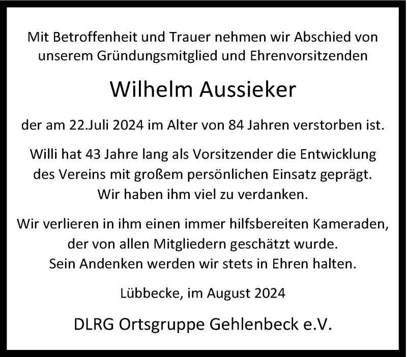  Traueranzeige für Wilhelm Aussieker vom 10.08.2024 aus Westfalen Blatt