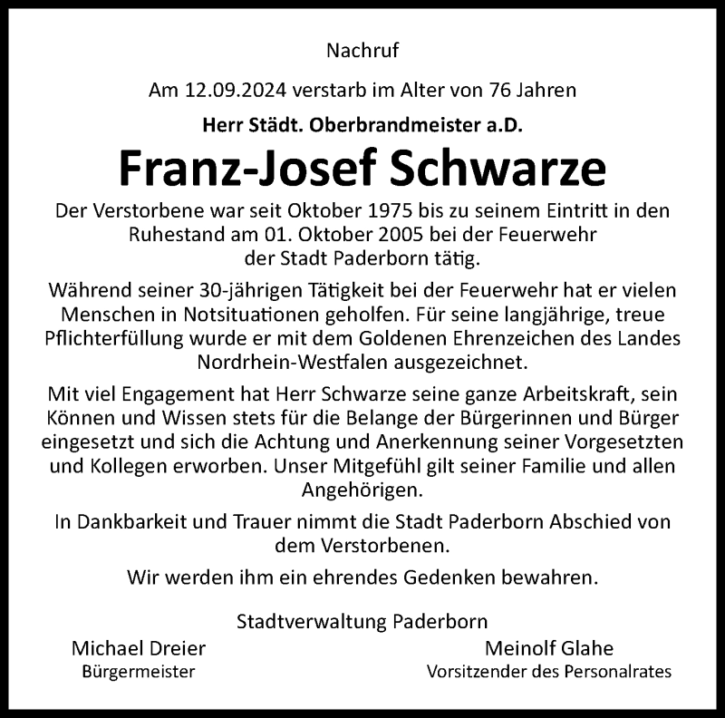  Traueranzeige für Franz-Josef Schwarze vom 21.09.2024 aus Westfalen Blatt