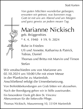 Traueranzeige von Marianne Nickisch von Westfalen Blatt