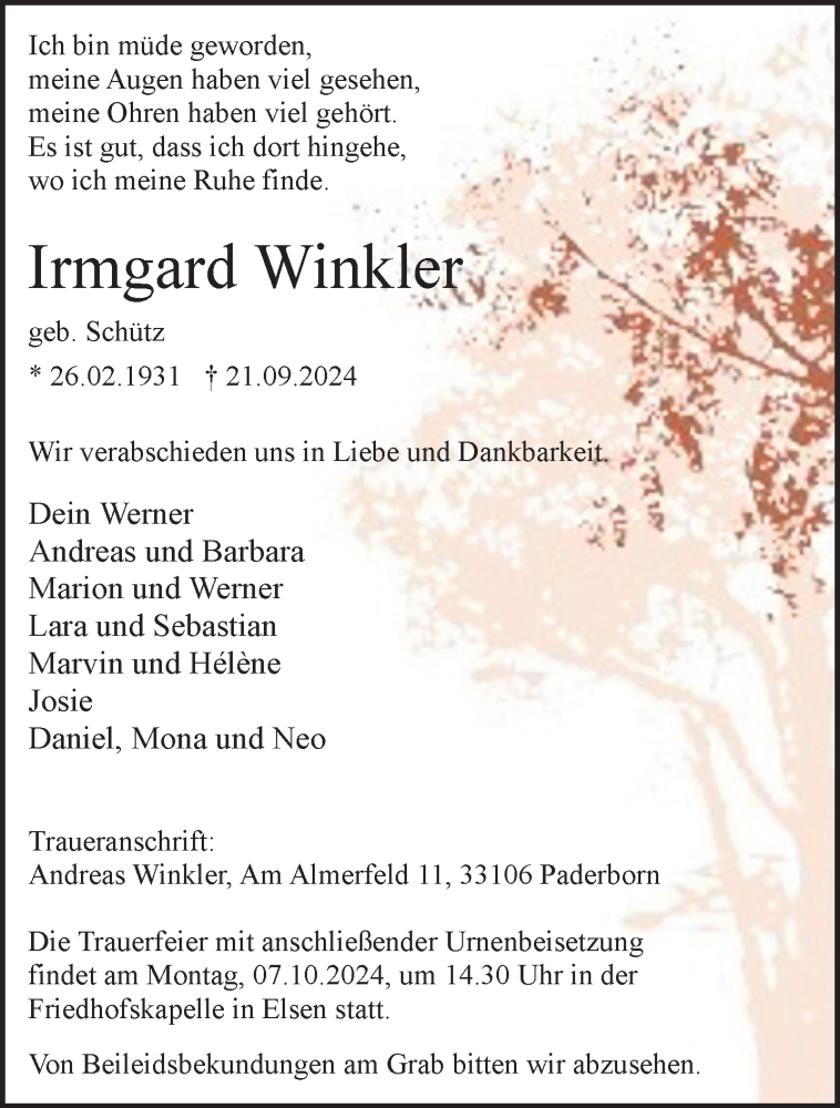  Traueranzeige für Irmgard Winkler vom 28.09.2024 aus Westfalen Blatt