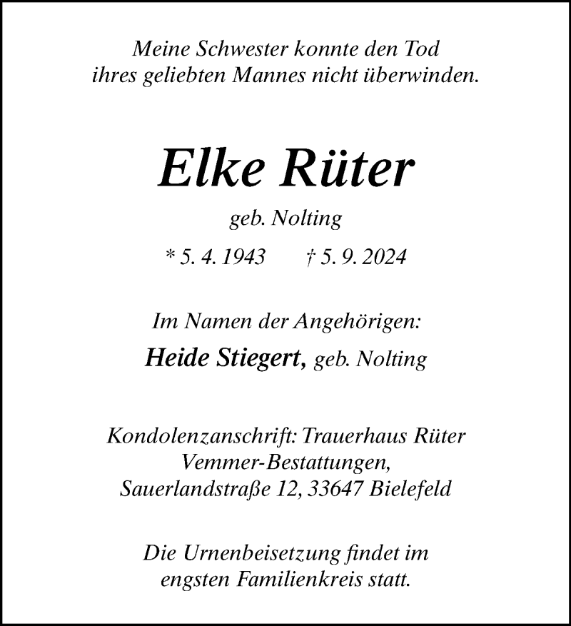  Traueranzeige für Elke Rüter vom 14.09.2024 aus Westfalen Blatt