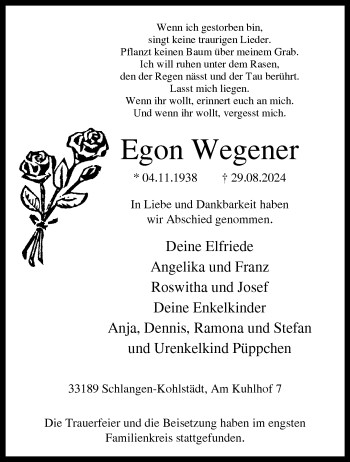 Traueranzeige von Egon Wegener von Westfalen Blatt