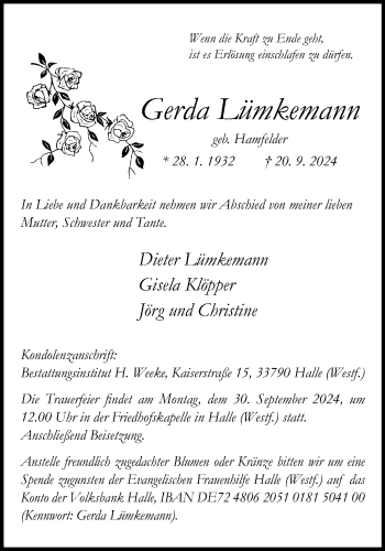 Traueranzeige von Gerda Lümkemann von Westfalen Blatt