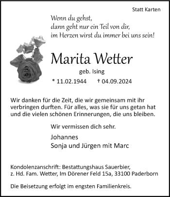 Traueranzeige von Marita Wetter von Westfalen Blatt