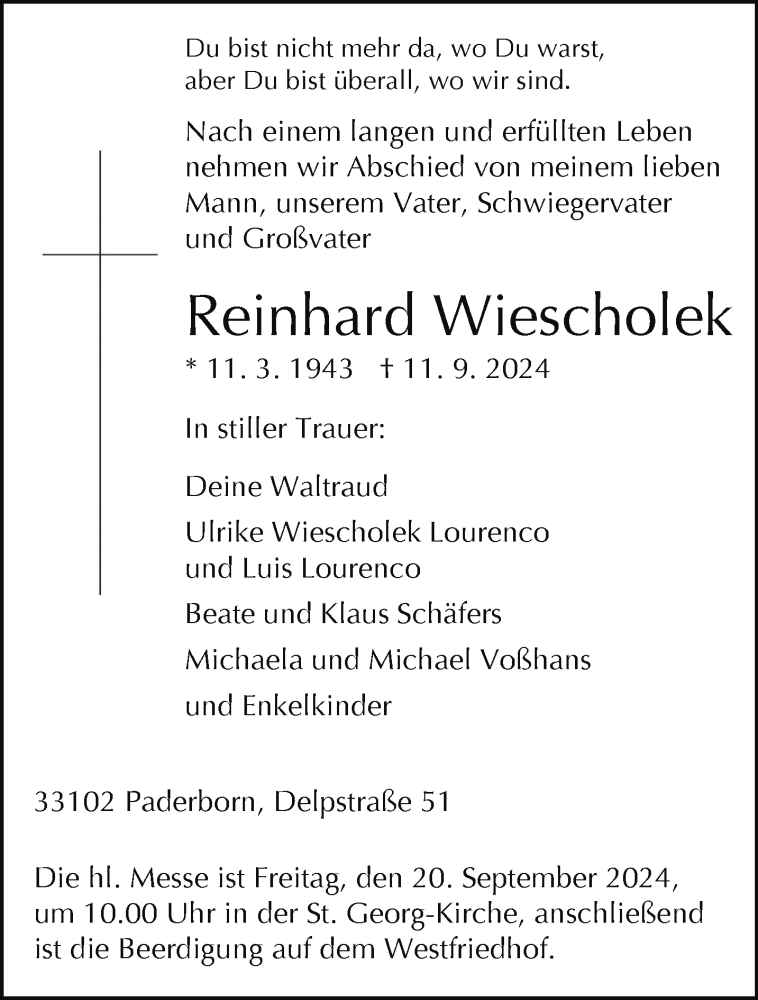  Traueranzeige für Reinhard Wiescholek vom 14.09.2024 aus Westfalen Blatt