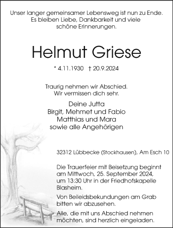 Traueranzeige von Helmut Griese von Westfalen Blatt