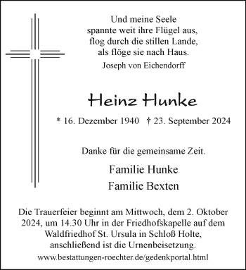 Traueranzeige von Heinz Hunke von Westfalen Blatt